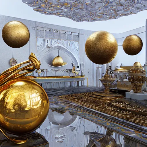 Image similar to photograph, realistic hyper detailed hardsurface modelled 3 d geometry, houdini destruction of aminimalist design temple, tarnished gold sphere is far far in the distance, deep perspective, wide angle, insanely detailed and intricate,, eal, gold, silver red, paradise hospital environment,