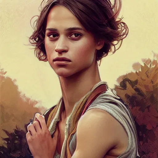 Image similar to character portrait of Alicia Vikander as a nonbinary androgynous teenager, relaxing mood, intricate, wild, highly detailed, digital painting, artstation, upper body, concept art, smooth, sharp focus, illustration, art by artgerm and greg rutkowski and alphonse mucha