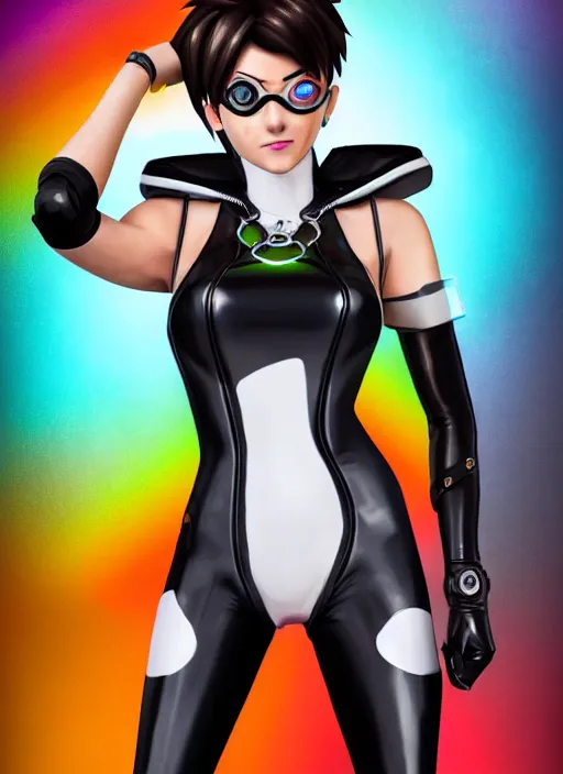 Image similar to full body digital artwork of tracer overwatch, wearing black iridescent rainbow latex swimsuit, 4 k, expressive happy smug expression, makeup, in style of mark arian, wearing detailed black leather collar, wearing chains, black leather harness, leather cuffs around wrists, detailed face and eyes,