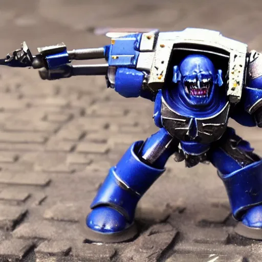 Image similar to Hyper-realistic Warhammer 40k ultramarine fighting against the forces of chaos