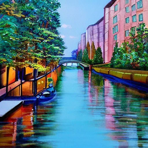 Image similar to Cosy waterway in city of the future in harmony with nature. Nice colour scheme, soft warm colour. Beautiful detailed painting by Lurid. (2022)