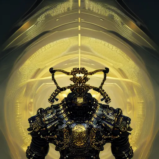 Image similar to cyber gold black samurai : by michal karcz, daniel merriam, victo ngai and guillermo del toro : ornate, dynamic, particulate, intricate, elegant, highly detailed, centered, artstation, smooth, sharp focus, octane render