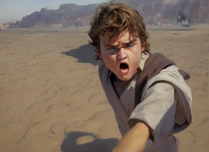 Image similar to a highly detailed beautiful portrait of 2 0 years old anakin skywalker hissing at sand, by gregory manchess, james gurney, james jean