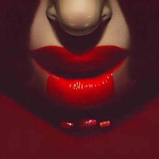 Image similar to lips sewn shut surrounded by red curtains by Conrad Roset and Nicola Samuri, close-up shot, rule of thirds, seductive look, beautiful, intricate, dystopian, sci-fi, extremely detailed, digital painting, artstation, concept art, smooth, sharp focus, illustration, intimidating lighting, incredible art, details visible, very dark ambiance