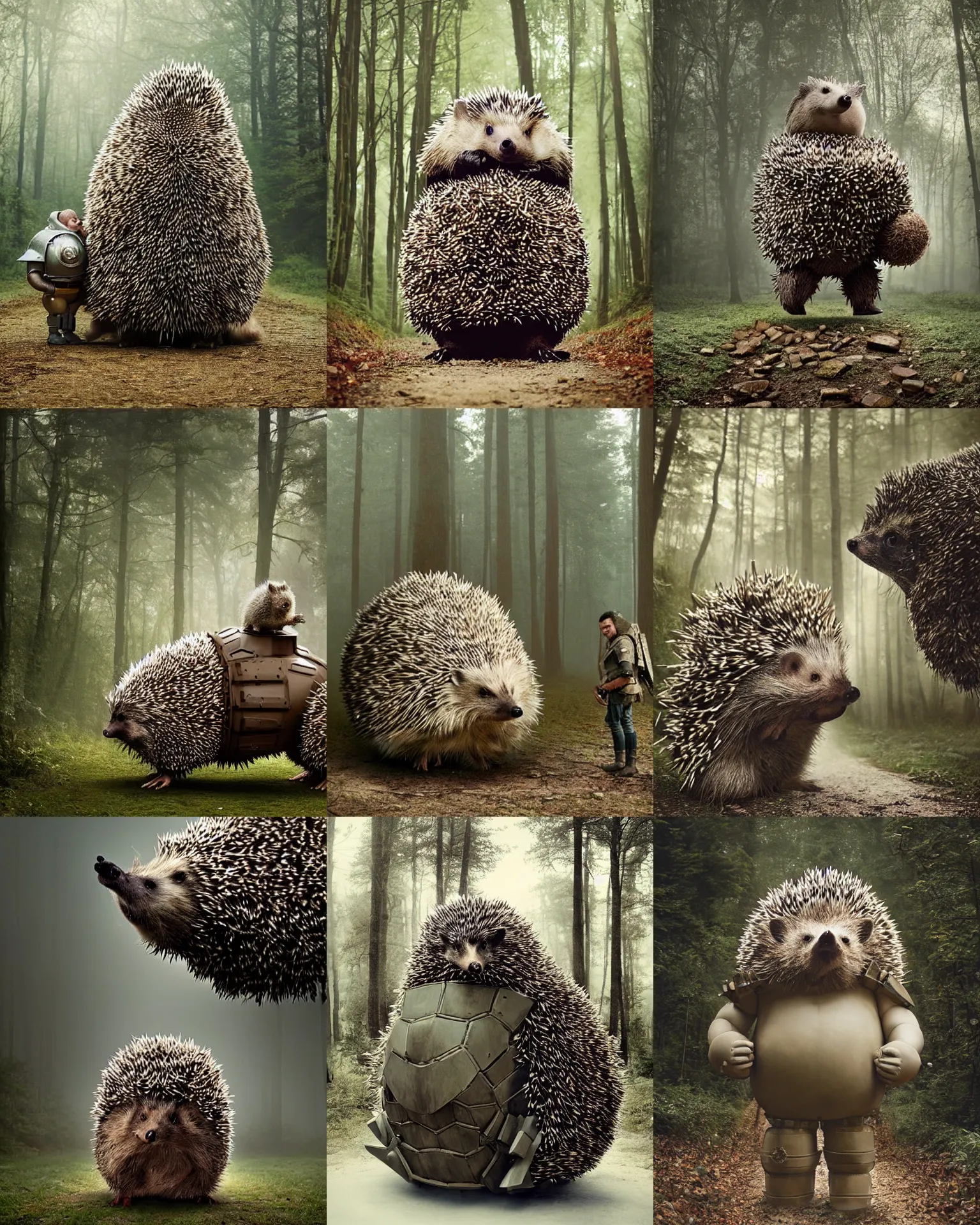Prompt: giant oversized bulky chubby massive hedgehog wearing medieval wacky war mech battle armor,and hedgehog babies ,on forest path , full body , Cinematic focus, Polaroid photo, vintage , neutral dull colors, foggy , by oleg oprisco , by thomas peschak, by discovery channel, by victor enrich , by gregory crewdson
