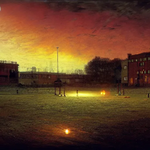 Image similar to burning sky over an empty playground, artwork by John Atkinson Grimshaw, highly detailed, cinematic masterpiece, digital art, 8k resolution, trending on art station