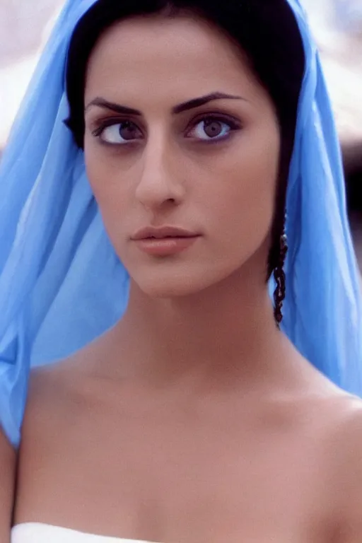 Image similar to young Monica Belluci as an Arab woman, tanned skintone, bright blue eyes, white veil, serious face, light blue decent dress, closeup