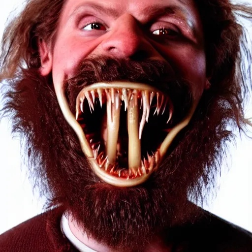 Prompt: bearded man with living teeth and tentacles in the style of the horror film The Thing 1982. Filmic.