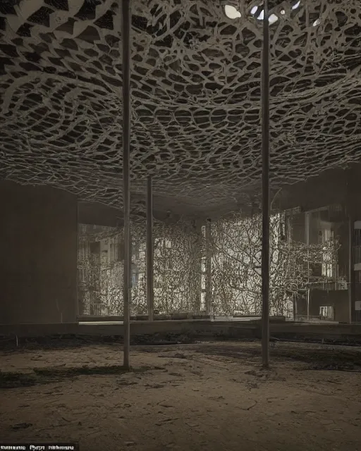 Image similar to brutalist architecture, made of intricate decorative lace leaf skeleton, in the style of the dutch masters and gregory crewdson, dark and moody