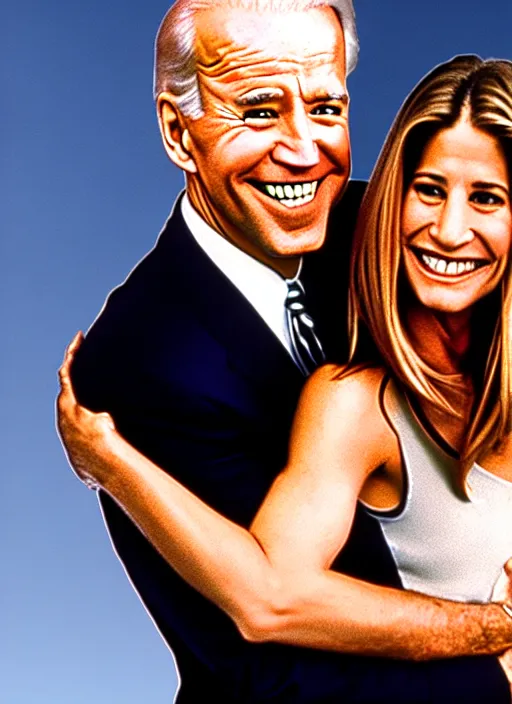 Image similar to film still of joe biden hugging rachel green in the show friends