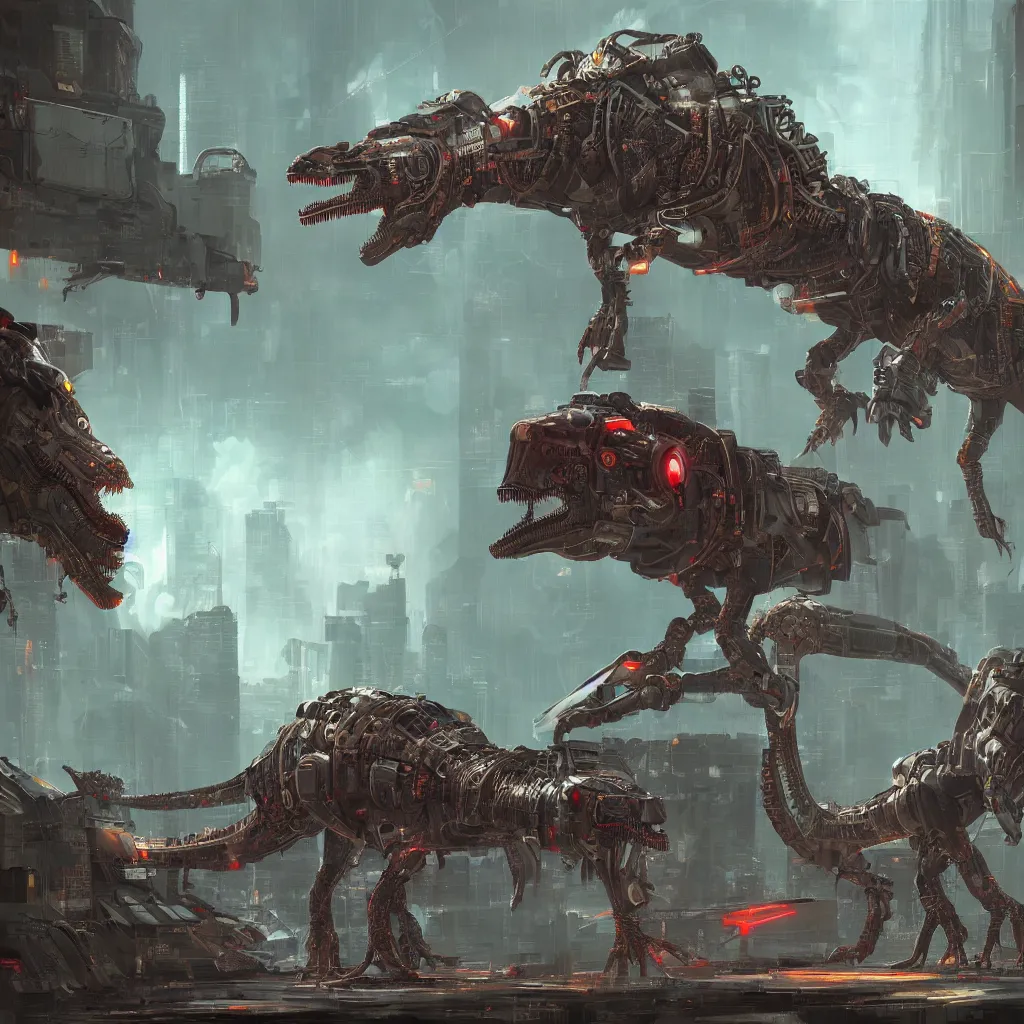 Image similar to Mechanical dinosaur, cyberpunk painting style, ultra high resolution, detailed, concept art, 4K