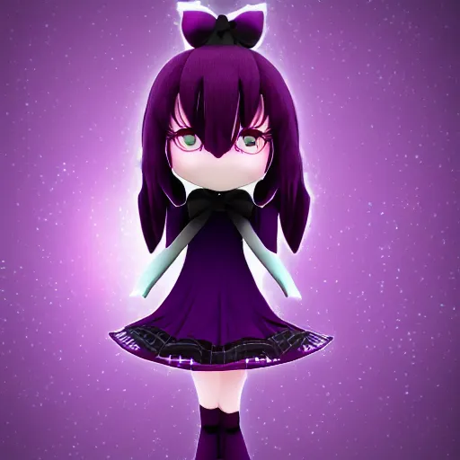 Prompt: cute fumo plush of a girl in a purple and black dazzle pattern dress, anime, character silhouette, edge glow, cel shaded pbr, vray