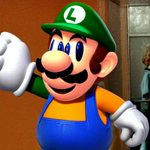 Image similar to luigi from super mario hanging at the bar and getting drunk with the boys, holding a large beer