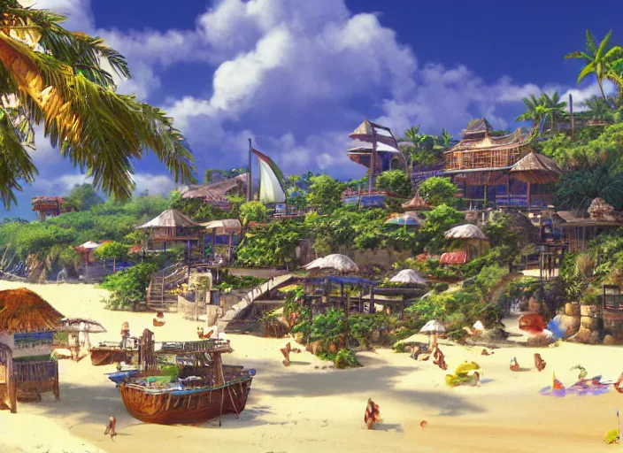 Prompt: Fantasy tropical port town close-up view of the beach. hidari, color page, tankoban, 4K, tone mapping, Akihiko Yoshida.