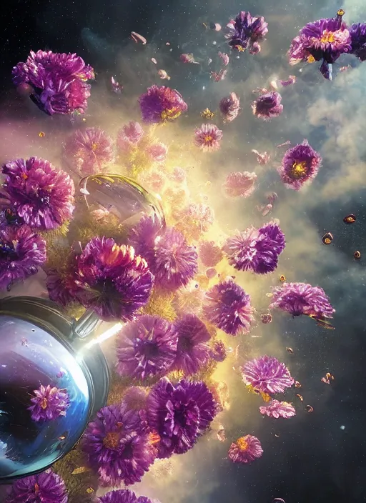 Image similar to An epic fantastic realism comic book style painting of the most beautiful flowers launched into space, perfect shiny silver iridescent spheres, bouquets, fisheye lens, unreal 5, DAZ, hyperrealistic, octane render, dynamic lighting