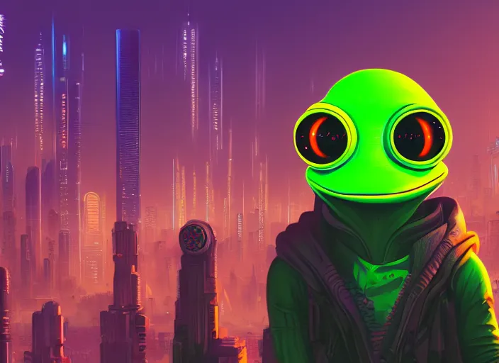 Image similar to cyberpunk pepe the frog, futuristic city, computers, dylan kowalski, marat zakirov, albert ramon puig, trending on artstation, 8 k