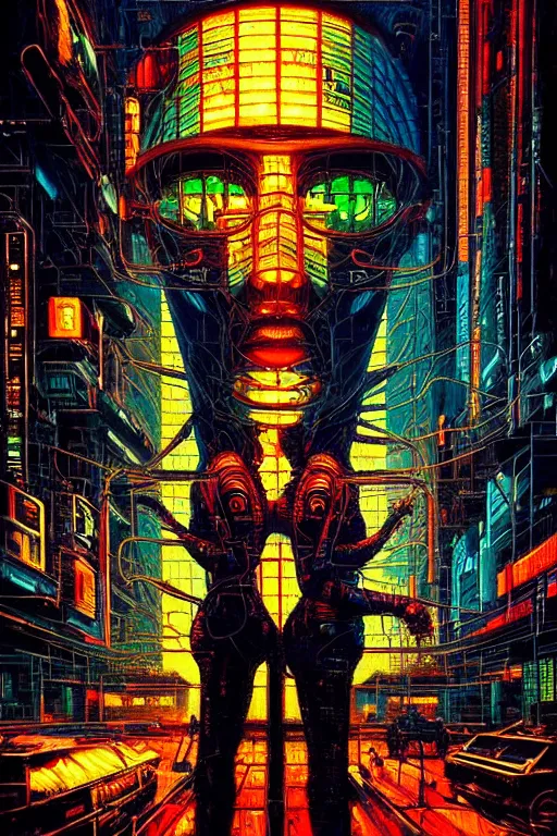 Prompt: beautiful cyberpunk oil painting, perfect lighting. professional design, intricate complexity, by dan mumford and by alberto giacometti, peter lindbergh, malevich, william stout