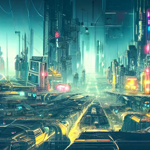 Image similar to futuristic city with neon lights and flying cars panoramic view surrounded by post apocalyptic wasteland, concept art, 4 k, intricate detail, sharp focus