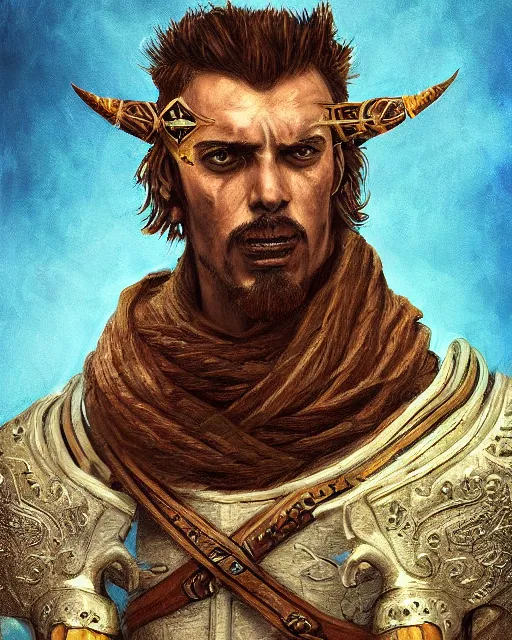 Image similar to digital painting of an angry spanish conquistador by filipe pagliuso and justin gerard, symmetric, detailed, intricate, portrait, digital painting, sharp focus, tarot card