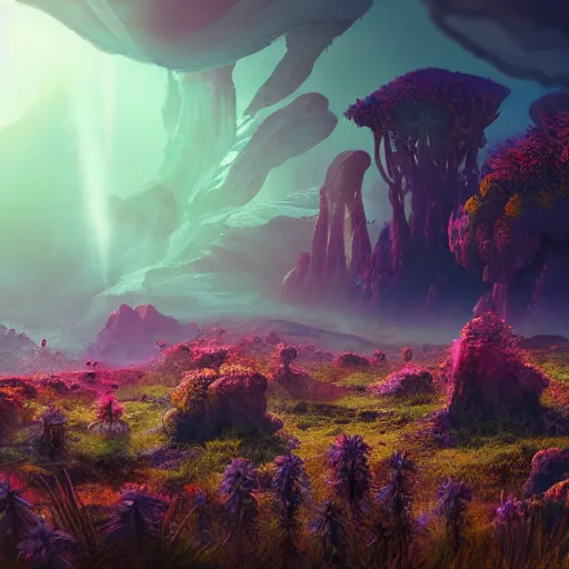 Image similar to landscape of an alien planet, beautiful, atmosphere, vibe, mist, esotic flowers, strange animals, alien plants, concept art illustration, color page, tone mapping, volumetric lighting, sunbeams, particles