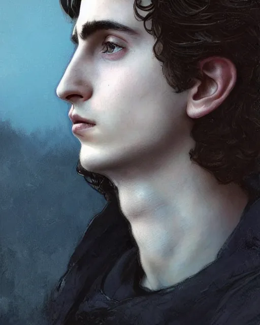 Image similar to beautiful paul atreides timothee chalamet with a beard!, in profile, emperor of the known universe, completely blue eyes, perfect dramatic and dark portrait insanely detailed, concept art, deep focus, intricate, highly detailed, digital painting, artstation, matte, sharp focus, illustration, art by greg rutkowski and alphonse mucha