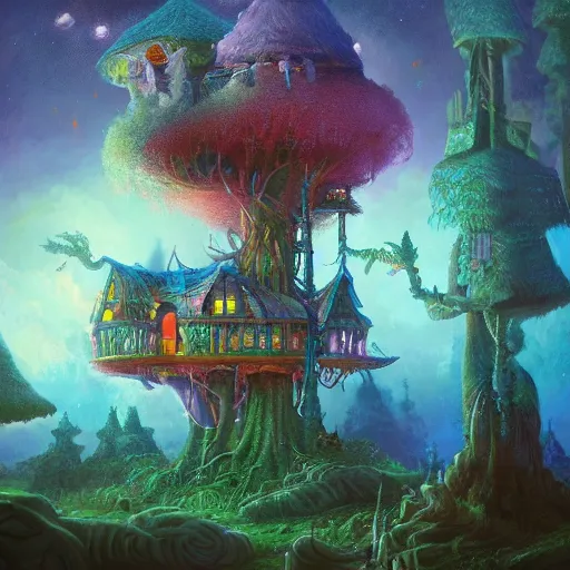 Image similar to detailed concept colorful fantasy painting of a transcendental treehouse, artwork by Paul Lehr and Lexander Jansson, cinematic lighting, hyperdetailed, 8k, high resolution, insanely detailed and intricate, octane render