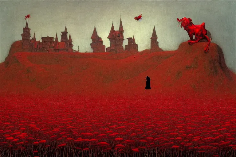 Image similar to only with red, red flowers of different types, a red tiger, a castle in the background, medieval demons dance over the flowers, an ancient path, in the style of beksinski, part by hopper, part by rodcenko, part by hofbauer, intricate composition, red by caravaggio, insanely quality, highly detailed, masterpiece, red light, artstation