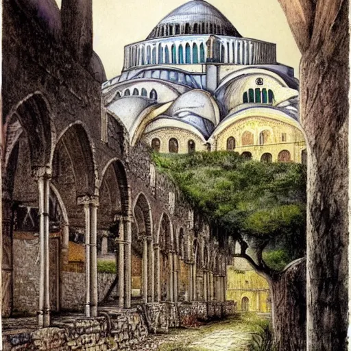 Image similar to Hagia Sofia pyramid fortress in a rustic seaside village, Tim Burton, Alan Lee