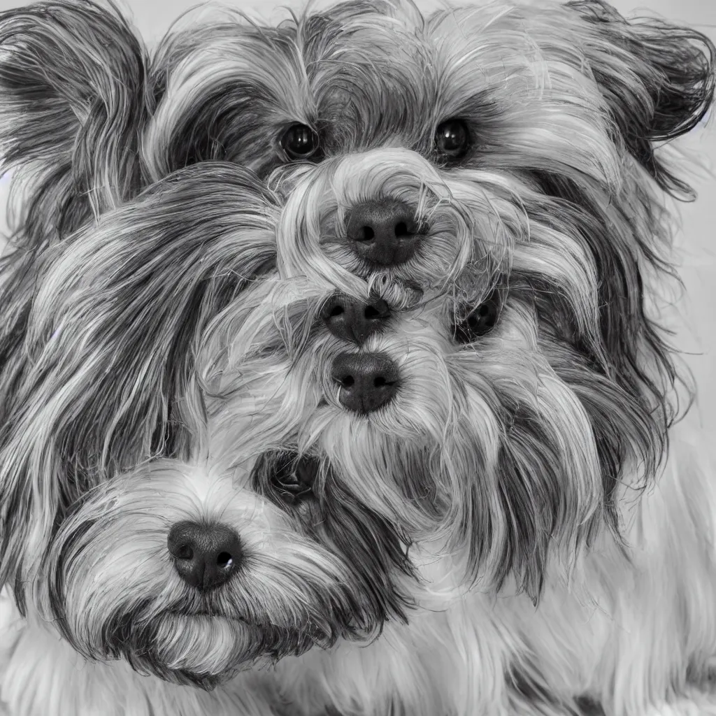 Image similar to full length portrait of a havanese dog reflected in a chrome sphere, ultra wide 1 0 mm, by m c escher pen and paper