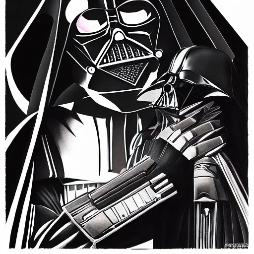 Image similar to Darth Vader, Holding Batman, Trending on Artstation, Hiroaki Tsutsumi style