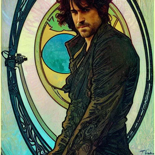 Image similar to justin theroux portrait by louis - theophile hingre and alphonse mucha, realistic, sharp focus, zodiac signs, tarot cards, planets, ethereal, art nouveau, magic, moon, sun, crown, dreamy, royal, jewellery