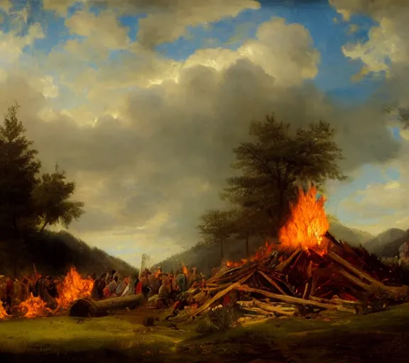 Image similar to landscape portrait of a funeral pyre by william sidney mount, trending on artstation