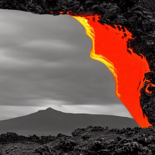 Image similar to a baby magma creature made of rock and lava, photography, dark grey and orange colours, volcano in the background, detailed