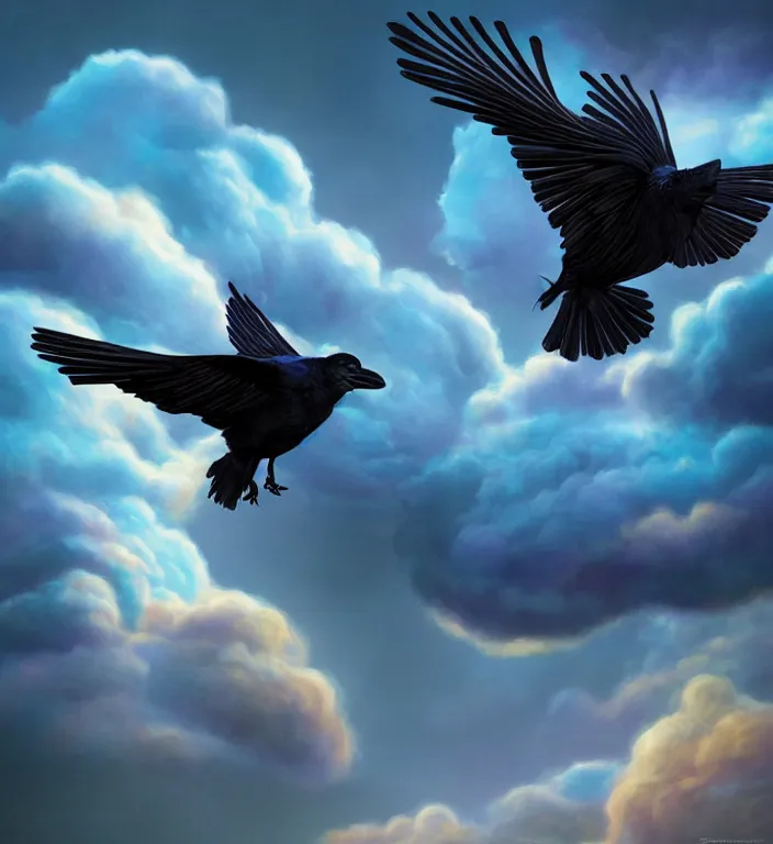 Image similar to raven bird, puma puffy clouds, james jean style, vfx art, unreal engine render, claymation style, colourful, volumetric light, digital painting, digital illustration, dramatic light,