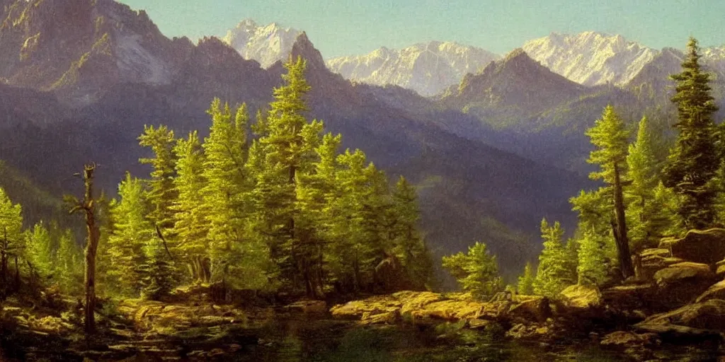 Image similar to Colorado mountains, oil painting, highly detailed, artwork, in style of Albert bierstadt