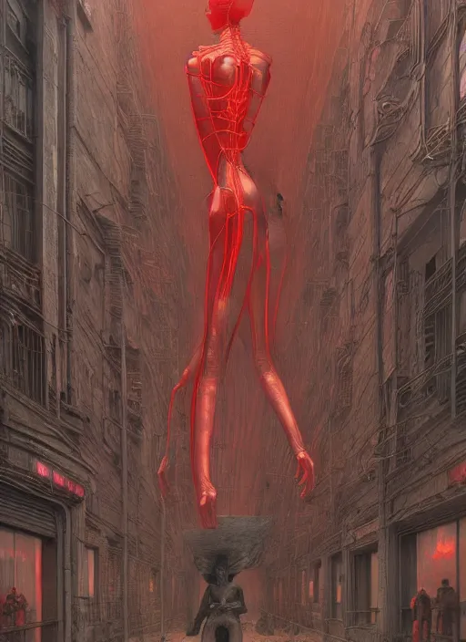 Image similar to Portrait Masterpiece, Woman, in a h.r. giger city, red, glowing, wires everywhere, by Edgar Maxence and Ross Tran, Zdzisław Beksiński, and Michael Whelan, distant, gustav dore, H.R. Giger, 8k, octane render