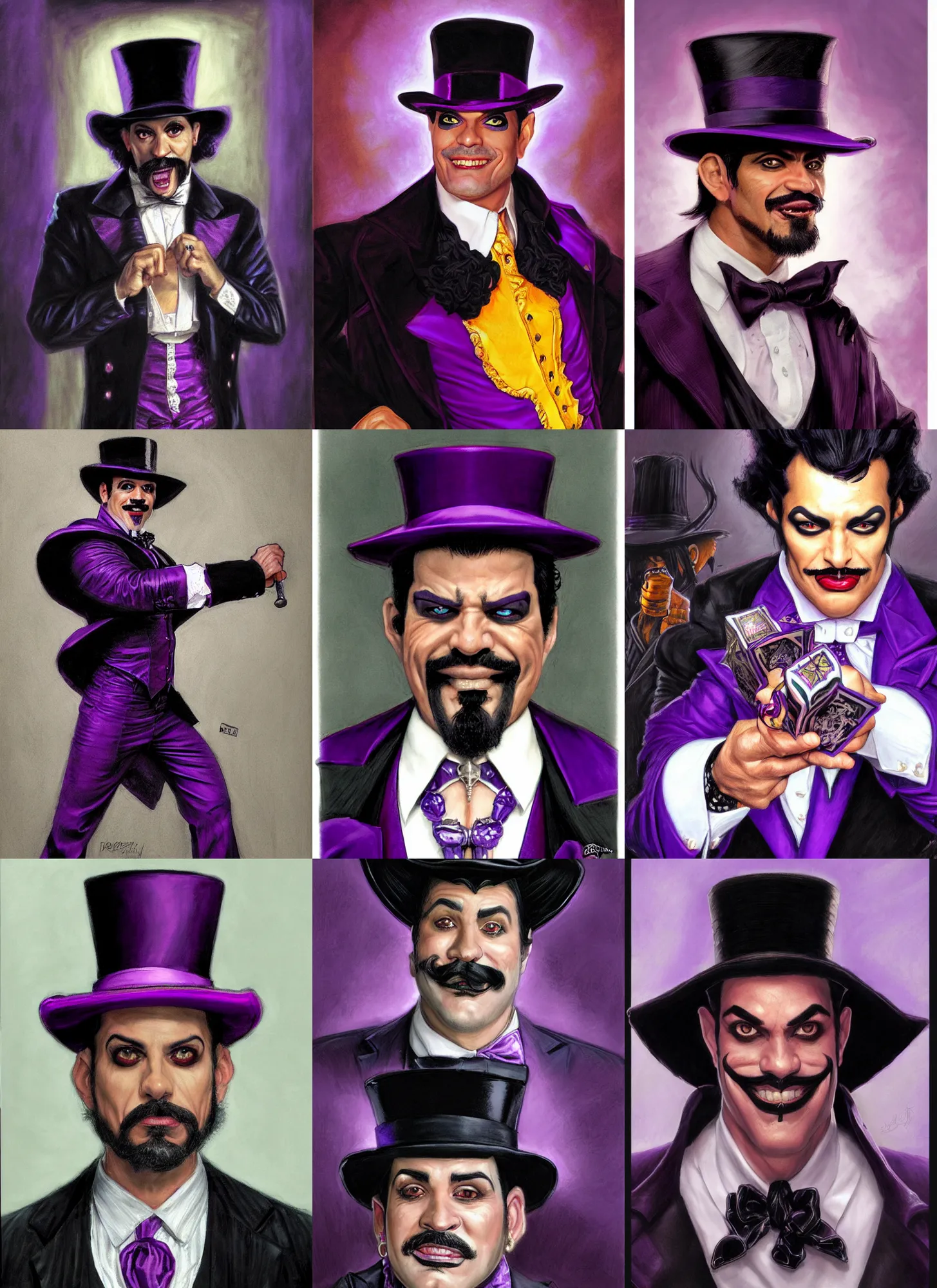 Prompt: portrait, a puerto rican man wearing purple and black ringmaster attire, nefarious smirk, black hair, black top hat, pencil - thin goatee, villain, style by donato giancola, wayne reynolds, jeff easley dramatic light, high detail, cinematic lighting, artstation, dungeons and dragons