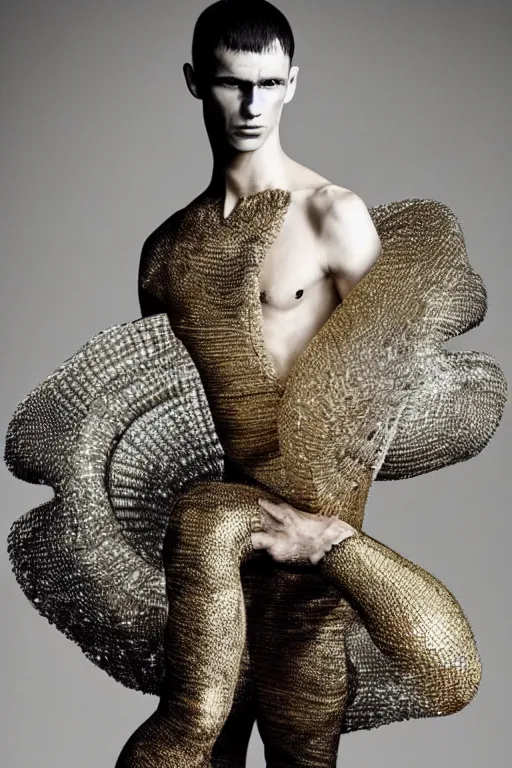 Image similar to a beautiful male dancer wearing iris van herpen couture, photographed by erwin olaf for vogue