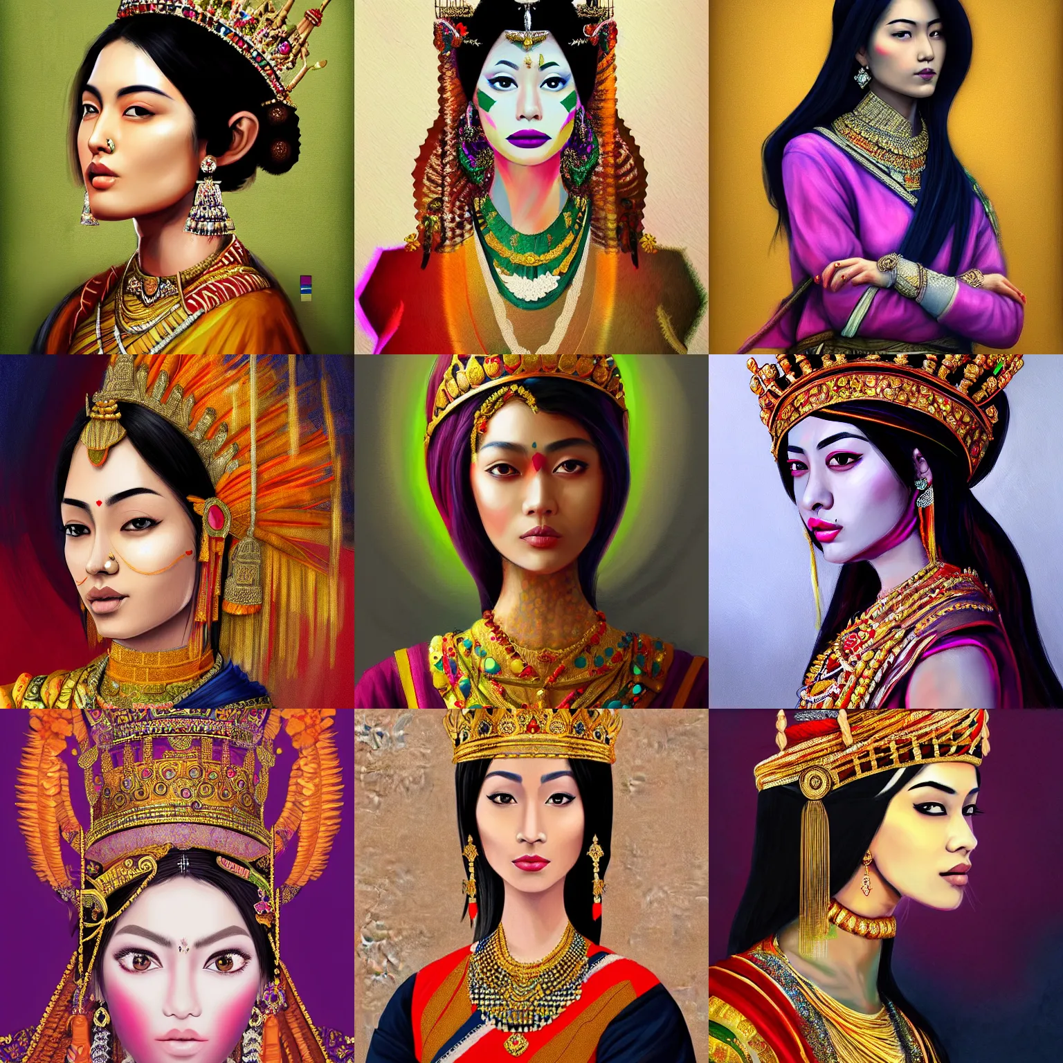 Image similar to painterly portrait of a beautiful asian indian queen mixed with british royal garb trending on artstation