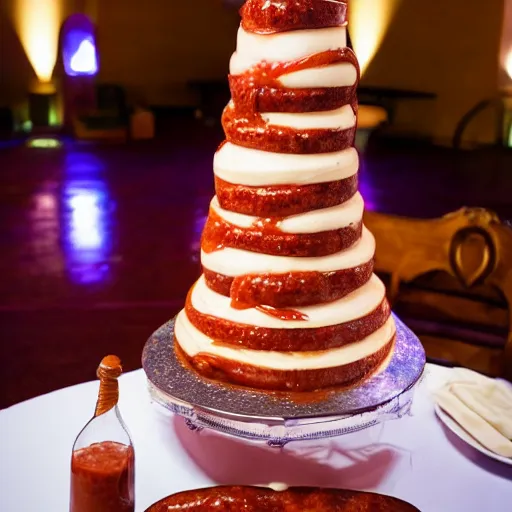 Prompt: a wedding cake made entirely out of sausages with ketchup sauce. During wedding. Highly detailed 8k