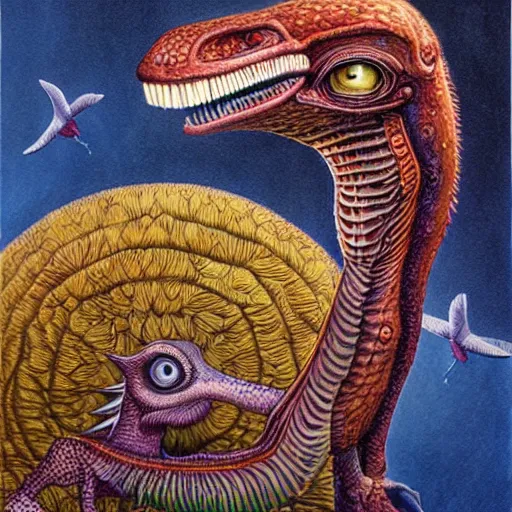 Image similar to portrait of surreal velociraptor, artwork by Daniel Merriam,