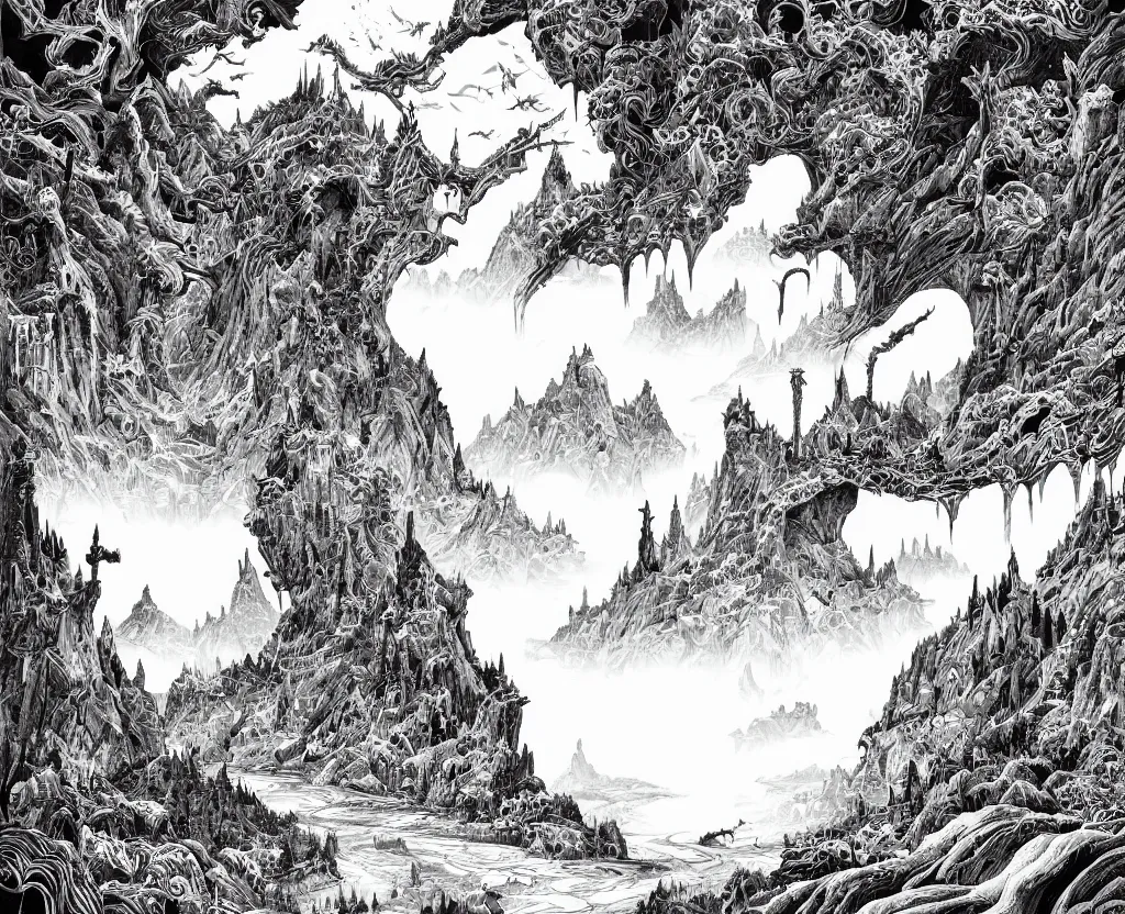 Image similar to impressive fantasy landscape, beautiful line art, ink illustration, pure b&w, white frame