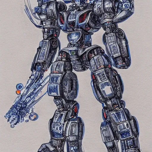 Image similar to an intricate ballpoint drawing of a giant anime robot