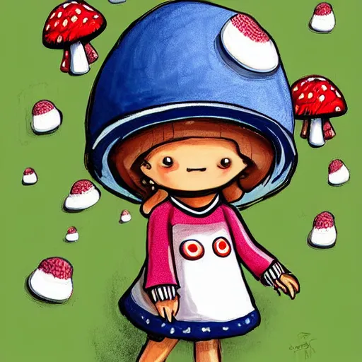 Image similar to little girl with a mushroom hat, cute artwork, clean detailed