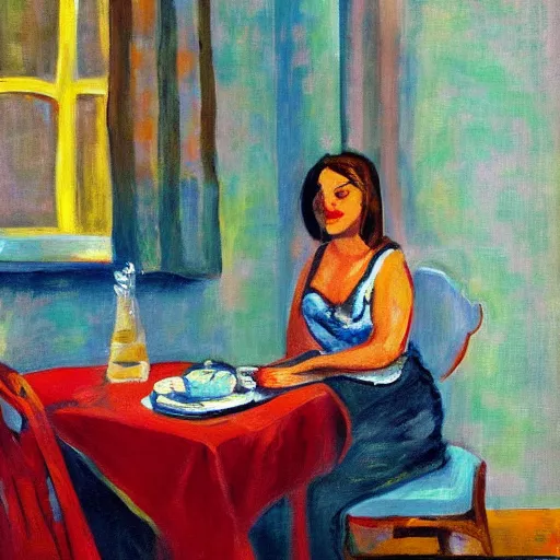 Image similar to a painting of a woman sitting at a table, a digital painting by isaac soyer, pixiv contest winner, american scene painting, digital illustration, digital painting, fauvism