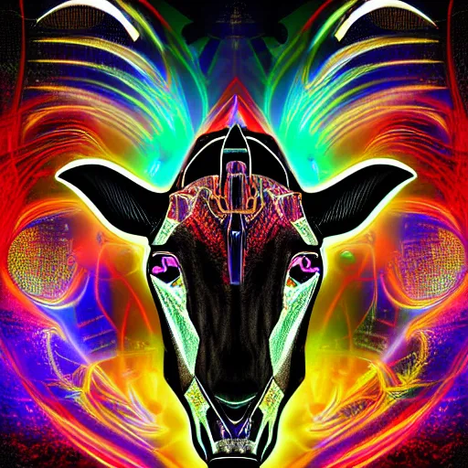 Prompt: detailed digital art, multicolored futuristic biomechanical circutry background merged with a cybernetic evil goat head in center focus