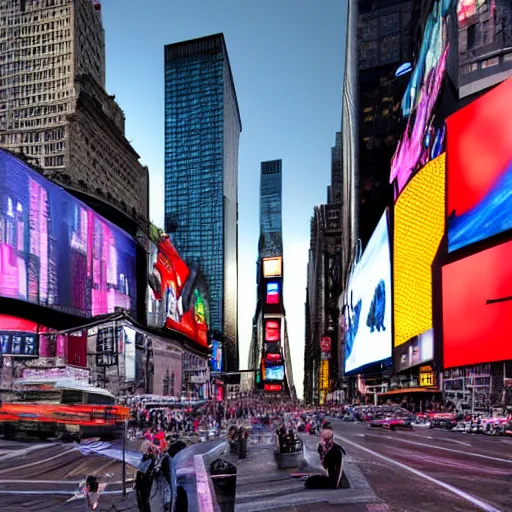 Image similar to giant alien spacecraft looming over times square, casting shadow as people look up, realistic, highly detailed digital art