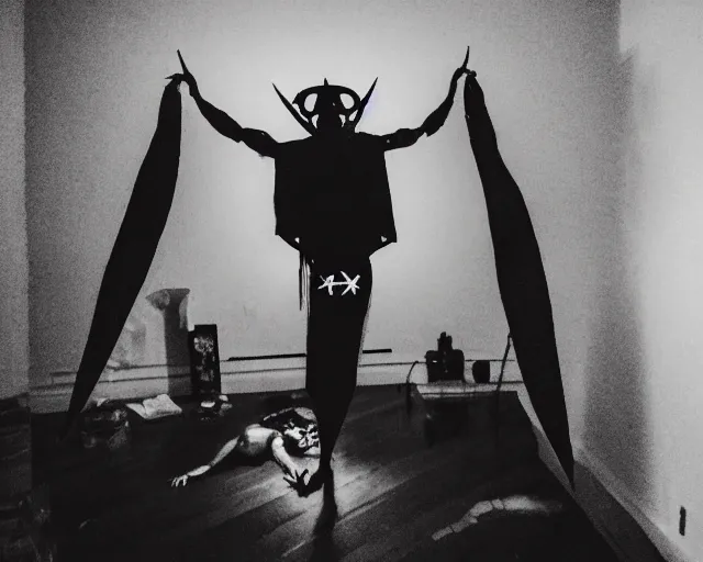 Image similar to transparent horror demon spirit attacks in living room with summoning circle pentacle out interior photos shot on iphone, dynamic pose, full body shot, sharp focus, grainy, corpse, paranormal flashlight, deep night,,