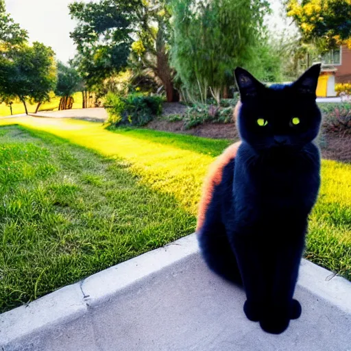 Prompt: a fluffy cute black cat sitting on the corner of a front yard outside in the late afternoon on a beautiful summer day, sunset