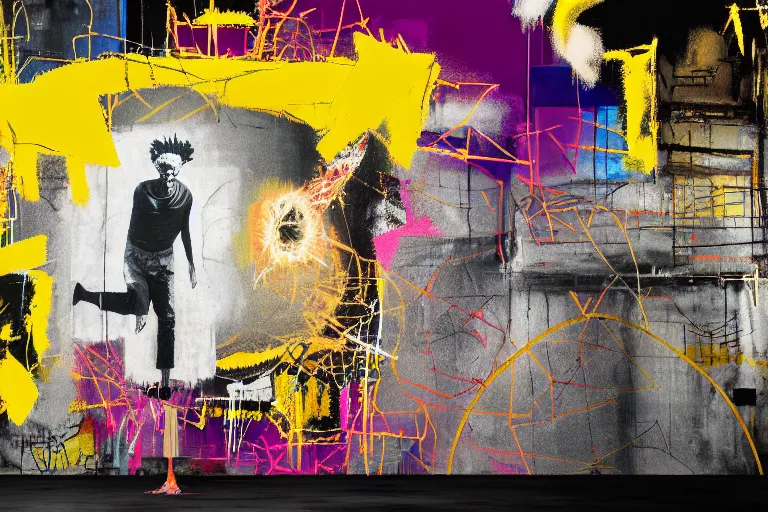 Prompt: creepy golden ball, multilayer glitch effect in spatial perceptron synapses, matte painting, 4 k, epic composition, volumetric light, abstract illusionism, by robert rauschenberg, konstantinas ciurlionis, jean - michel basquiat, pour paint, modern street art, grunge wall, industrial